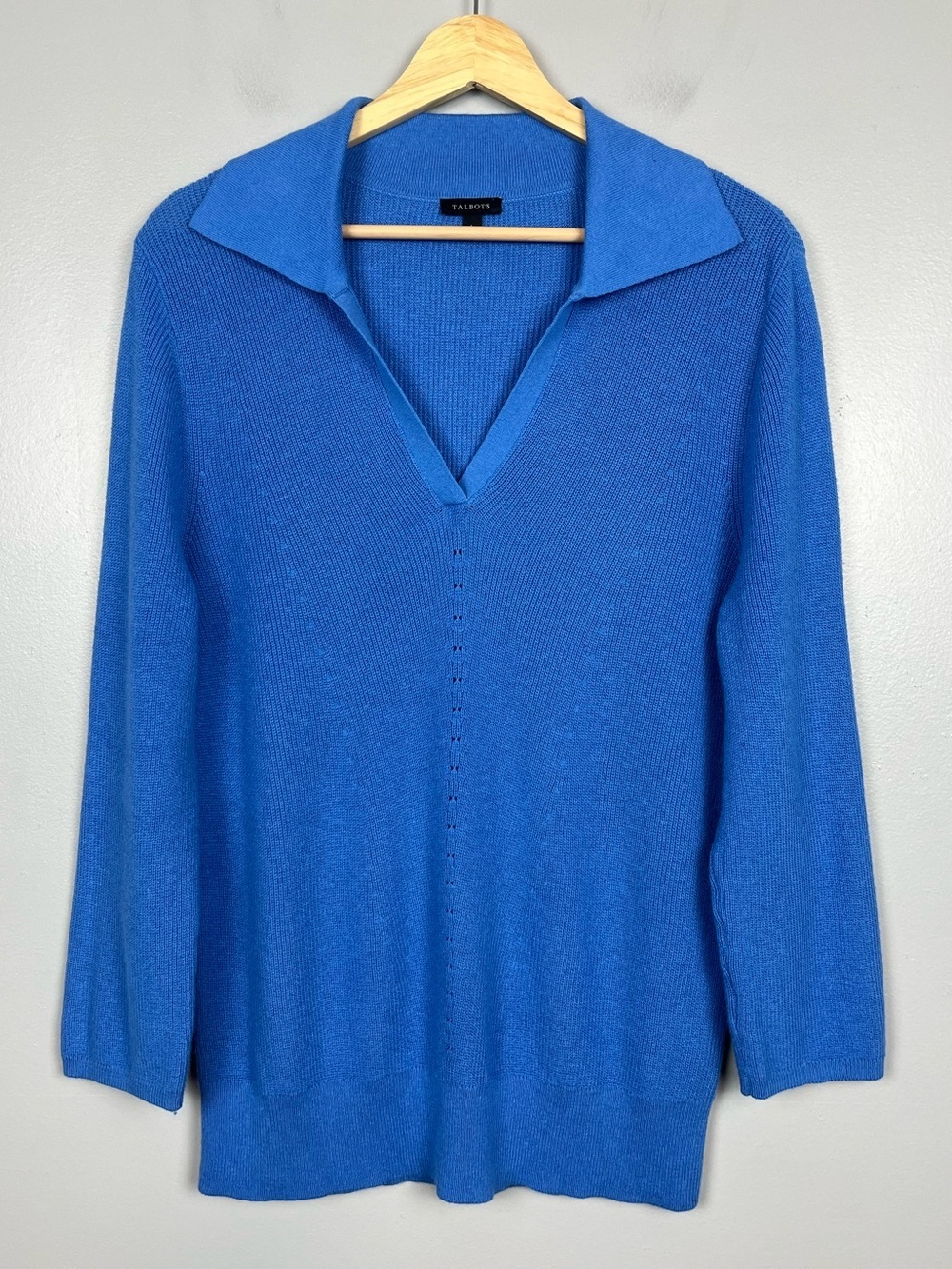 Talbots blue cotton poly blend Johnnie collar pointelle detail sweater, large.